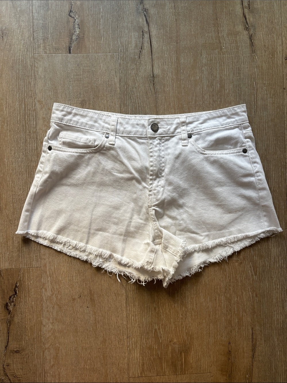 PAIGE White Frayed Hem Denim Shorts